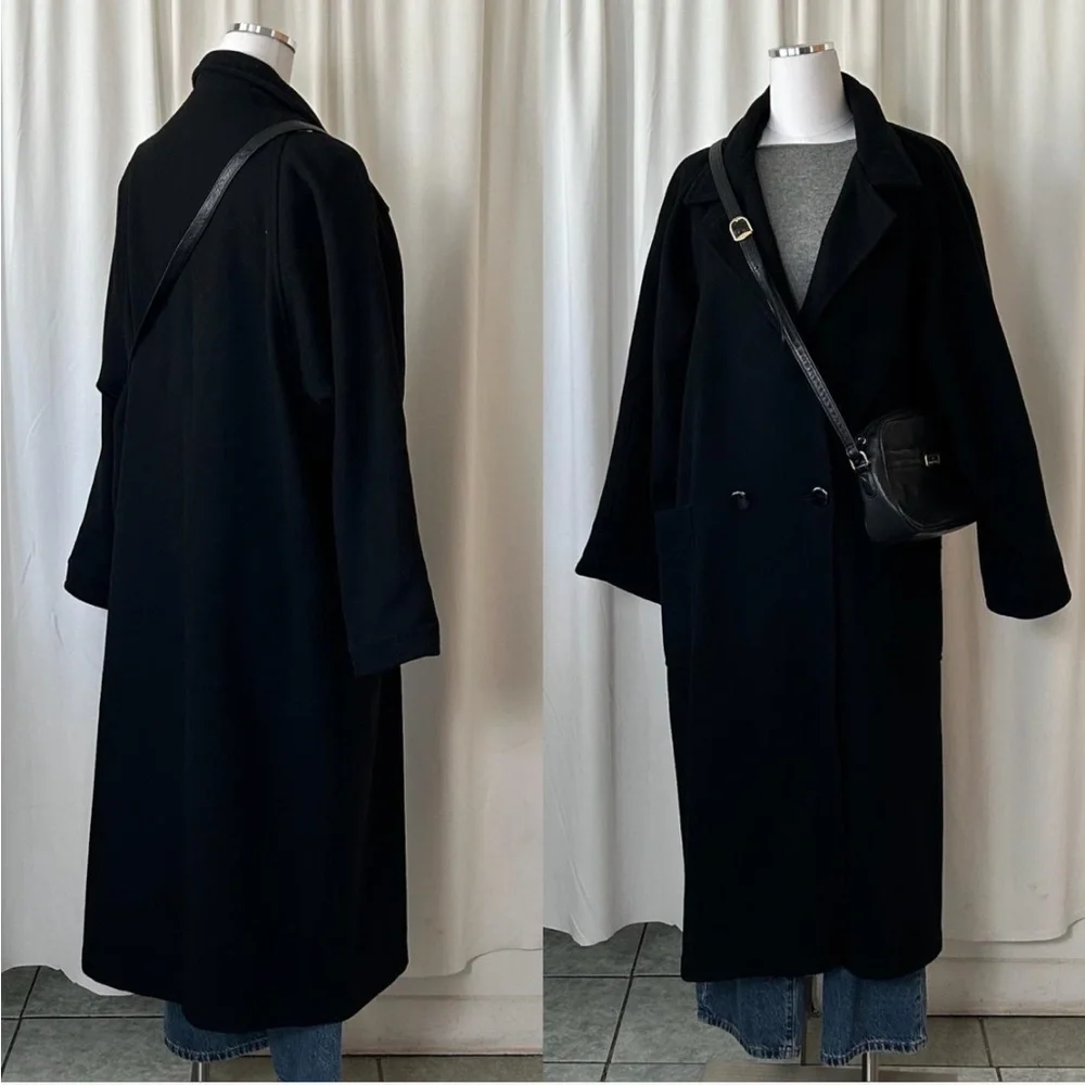 Vintage 80s Central Park double-breasted Wool black full-length overcoat size 14 - Picture 4 of 8